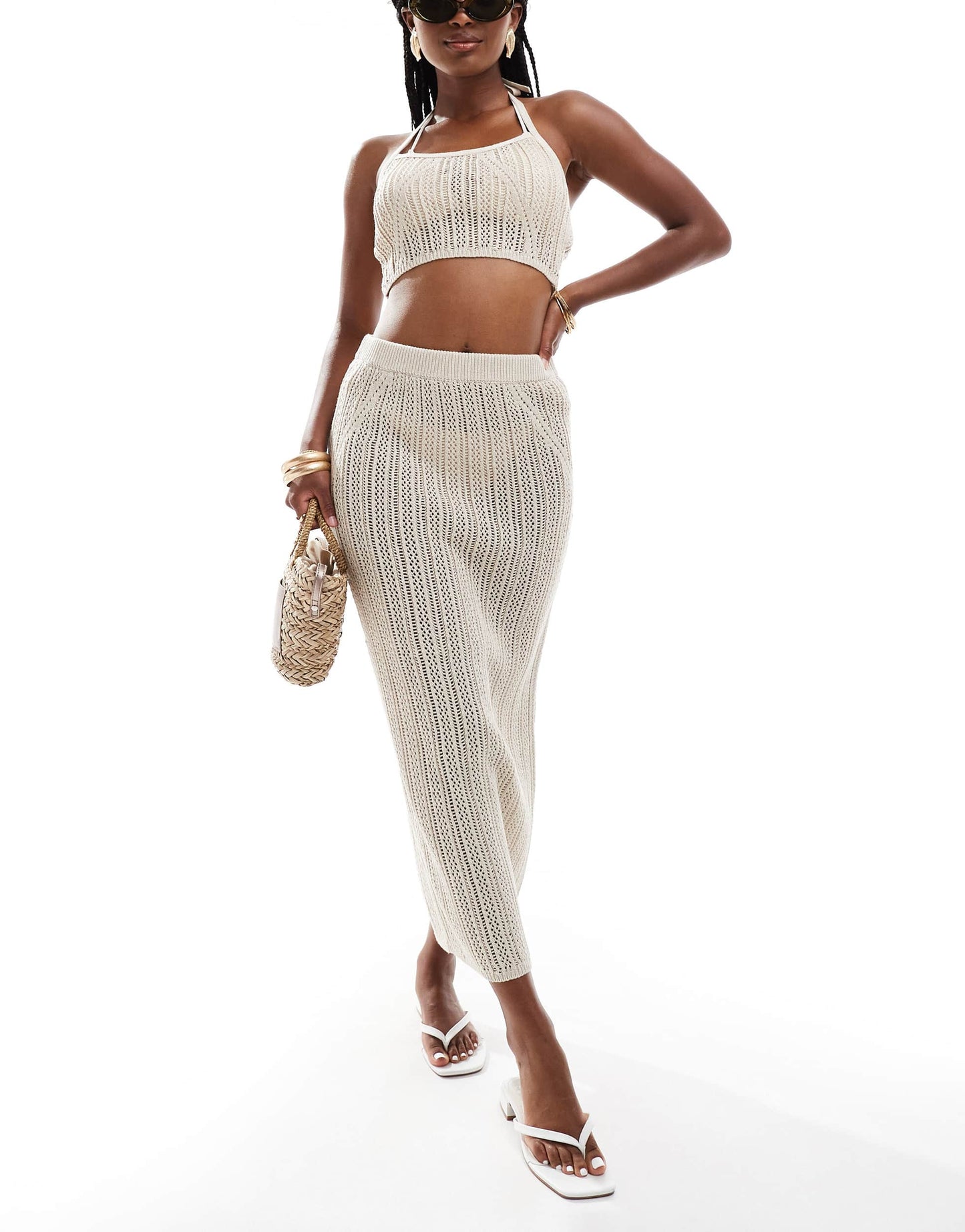 ASOS DESIGN knitted halter crop top co-ord in cream