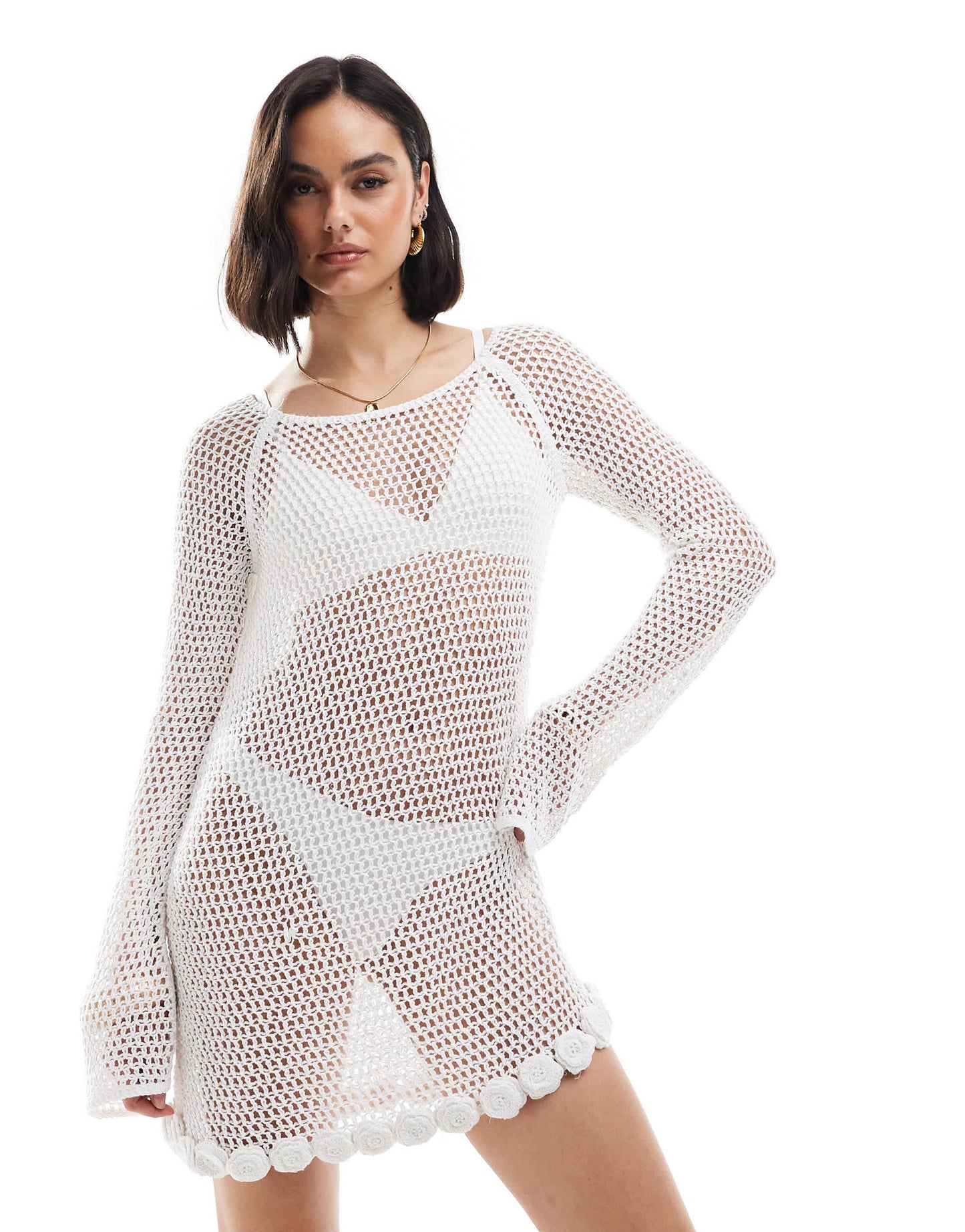 Mango crochet rose detail long sleeve mini dress in white