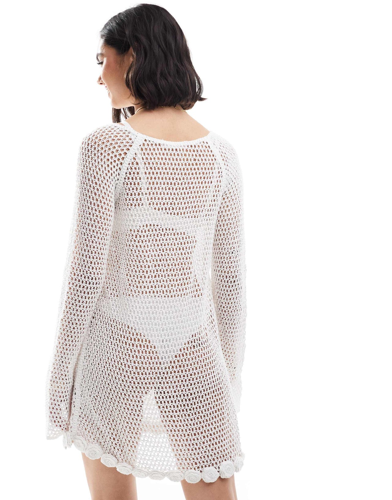 Mango crochet rose detail long sleeve mini dress in white