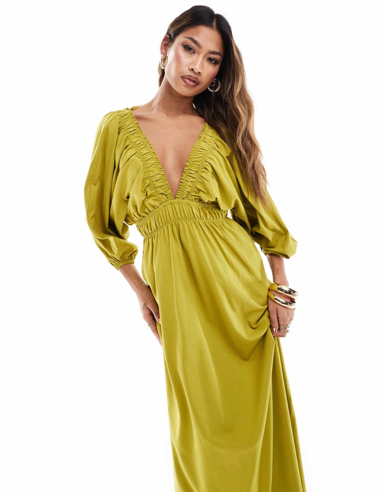 ASOS DESIGN plunge elastic tea midi dress with ruched waist in olive green