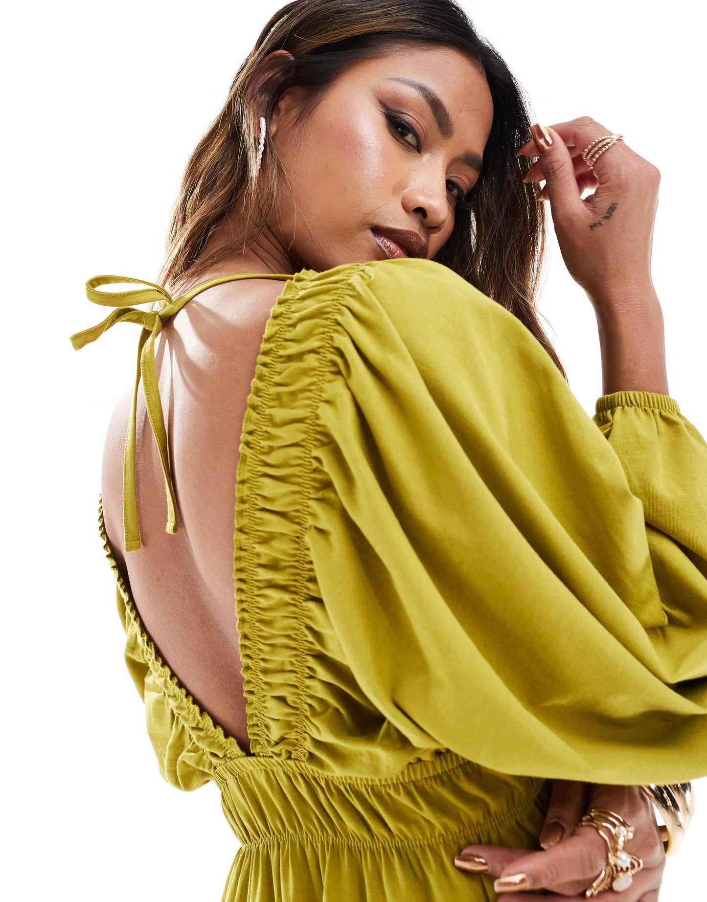 ASOS DESIGN plunge elastic tea midi dress with ruched waist in olive green