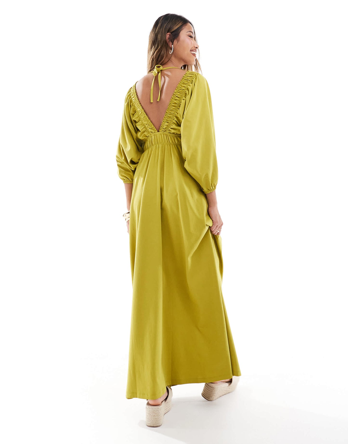 ASOS DESIGN plunge elastic tea midi dress with ruched waist in olive green