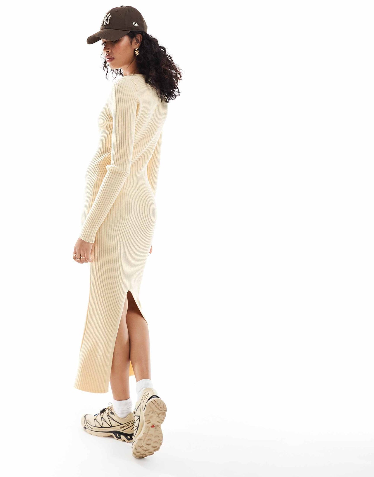 ASOS DESIGN knitted crew neck maxi dress in rib in cream