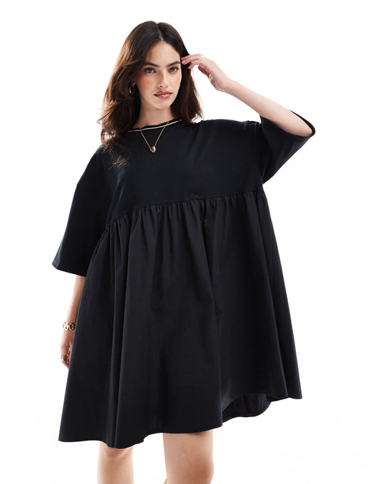 ASOS DESIGN short sleeve poplin mix mini dress with contrast neckline in black