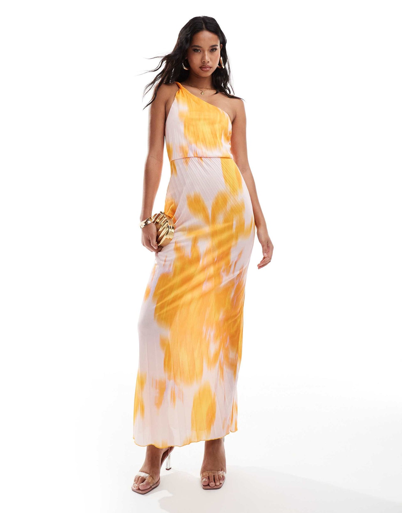 ASOS DESIGN twist one shoulder pleated maxi dress in orange and pink floral