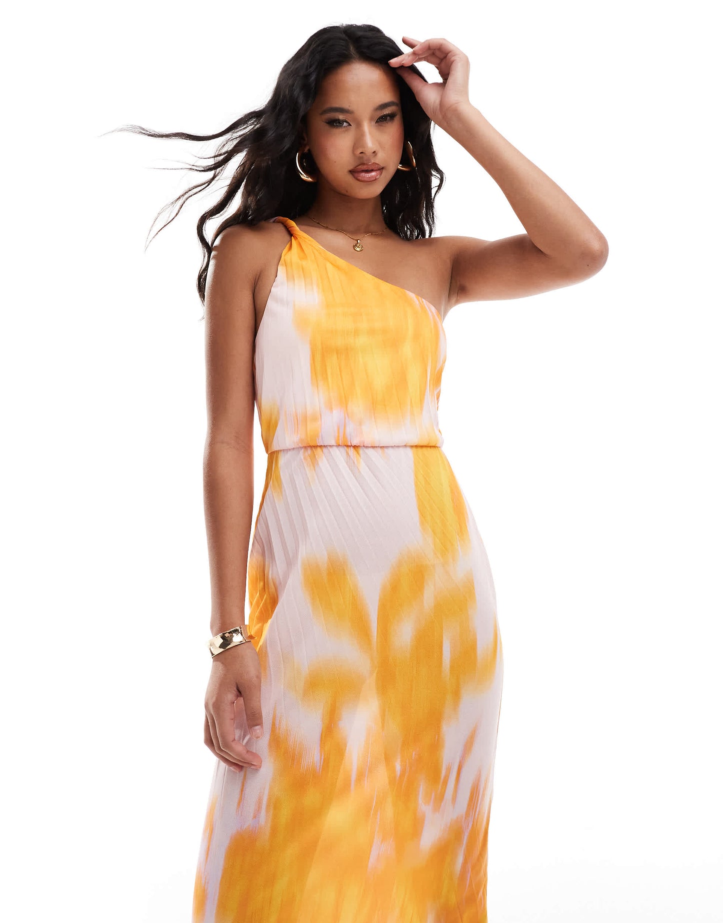 ASOS DESIGN twist one shoulder pleated maxi dress in orange and pink floral
