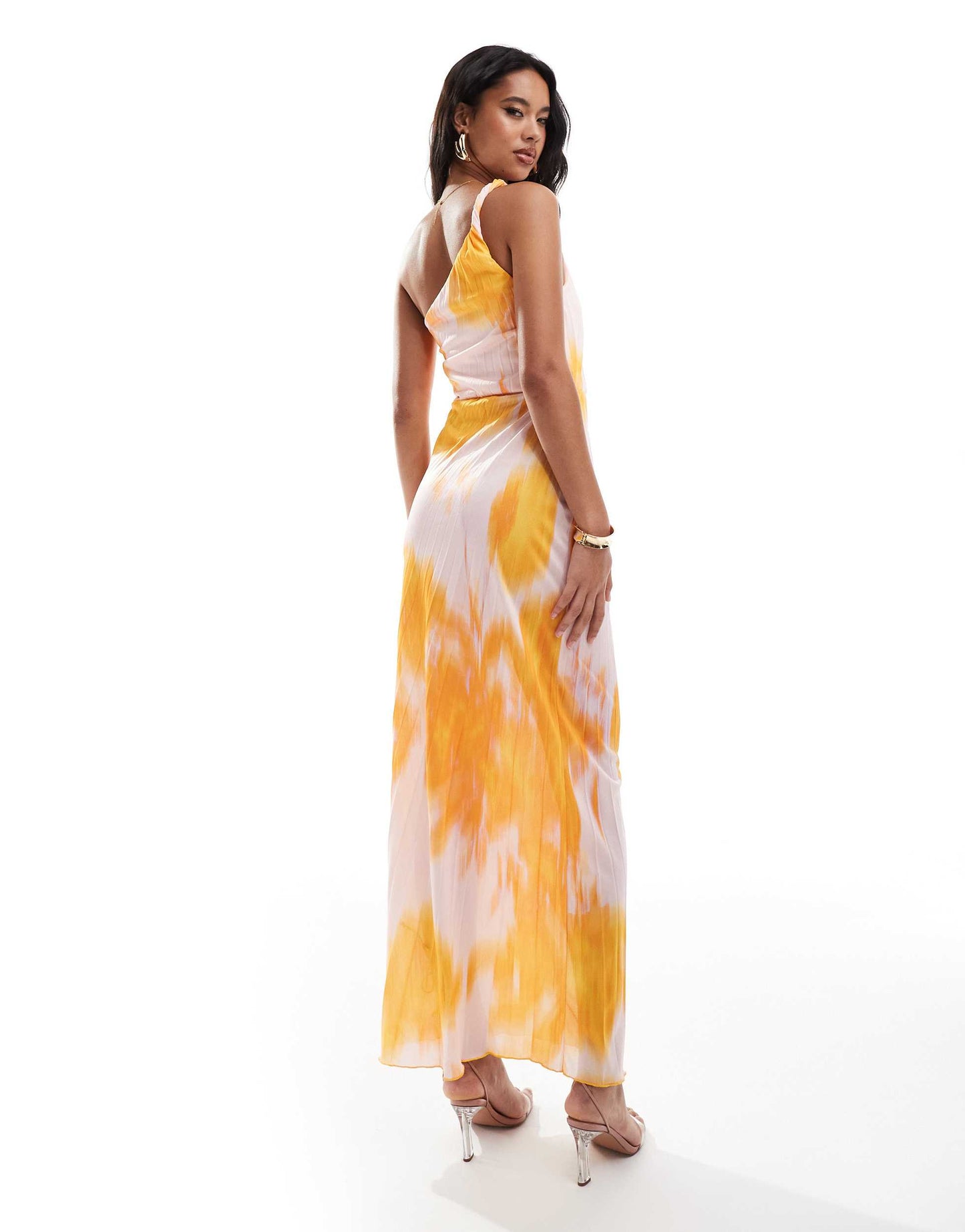ASOS DESIGN twist one shoulder pleated maxi dress in orange and pink floral