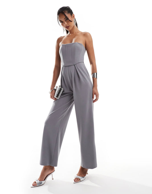 ASOS DESIGN bandeau corset wide leg jumpsuit in smoke grey