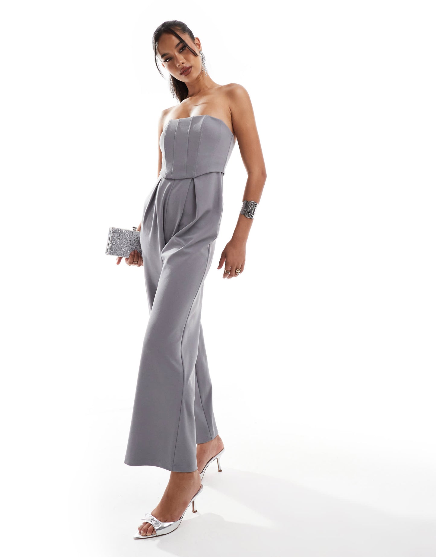 ASOS DESIGN bandeau corset wide leg jumpsuit in smoke grey
