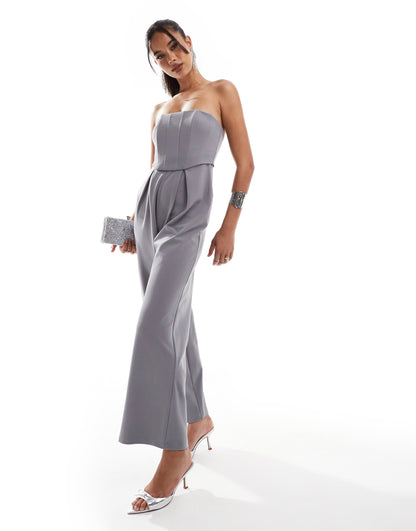 ASOS DESIGN bandeau corset wide leg jumpsuit in smoke grey