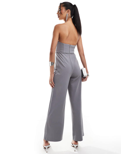 ASOS DESIGN bandeau corset wide leg jumpsuit in smoke grey