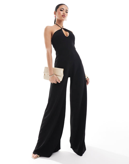 ASOS DESIGN cut out halter wide leg jumpsuit in black