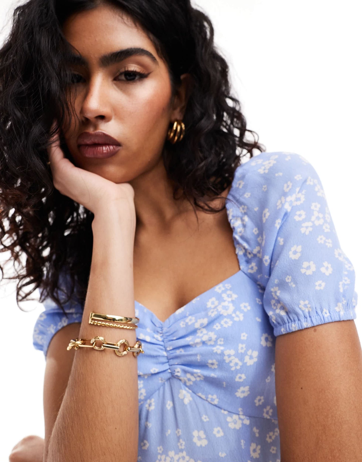 & Other Stories puff sleeve midi dress in blue and white ditsy floral  print