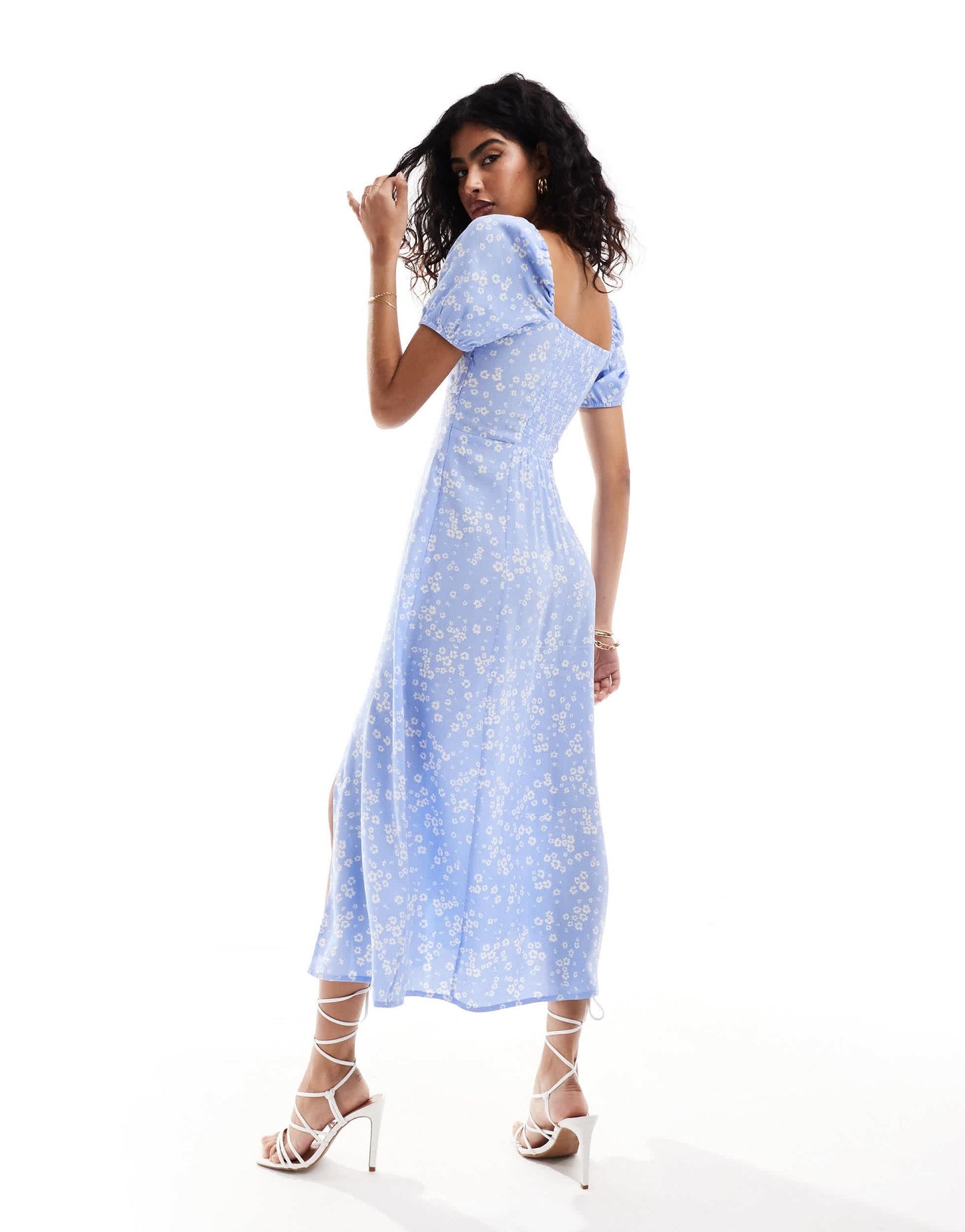 & Other Stories puff sleeve midi dress in blue and white ditsy floral  print