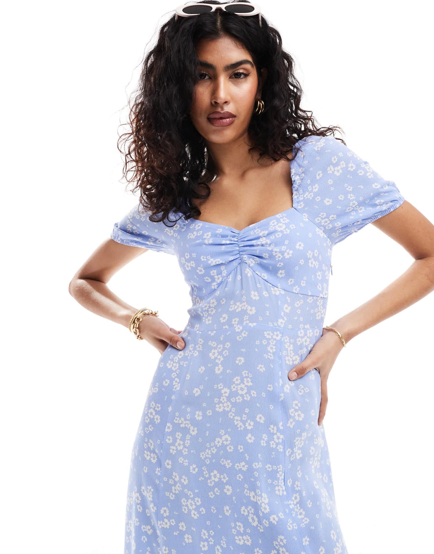 & Other Stories puff sleeve midi dress in blue and white ditsy floral  print