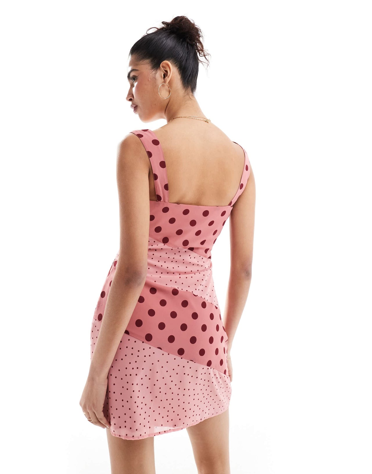 ASOS DESIGN square neck pleated chiffon mini dress in pink spot print
