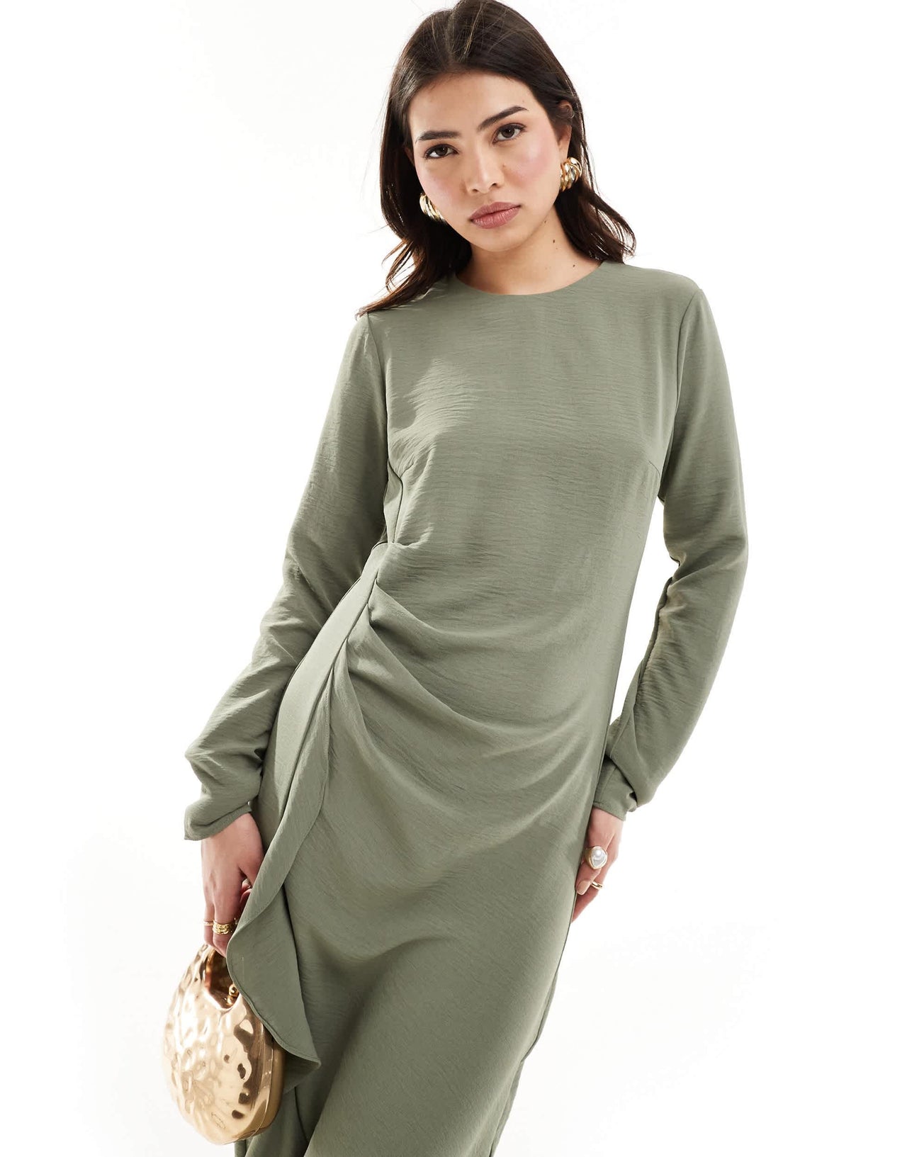 ASOS DESIGN ruched waist asymmetric hem maxi dress in sage green