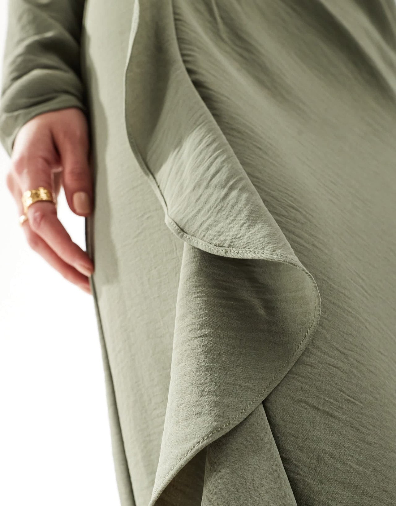 ASOS DESIGN ruched waist asymmetric hem maxi dress in sage green