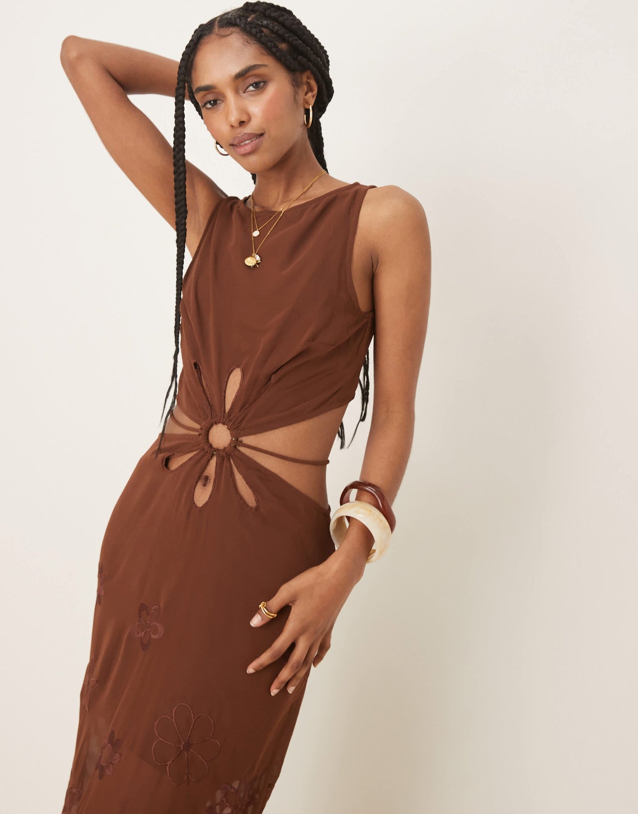 ASOS DESIGN floral embroidered cut out maxi dress in chocolate