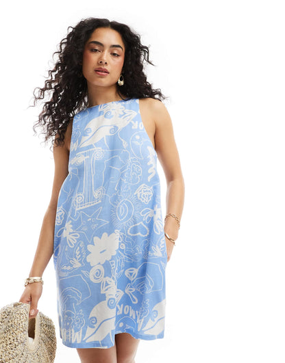 ASOS DESIGN cotton linen swing racer mini dress abstract print