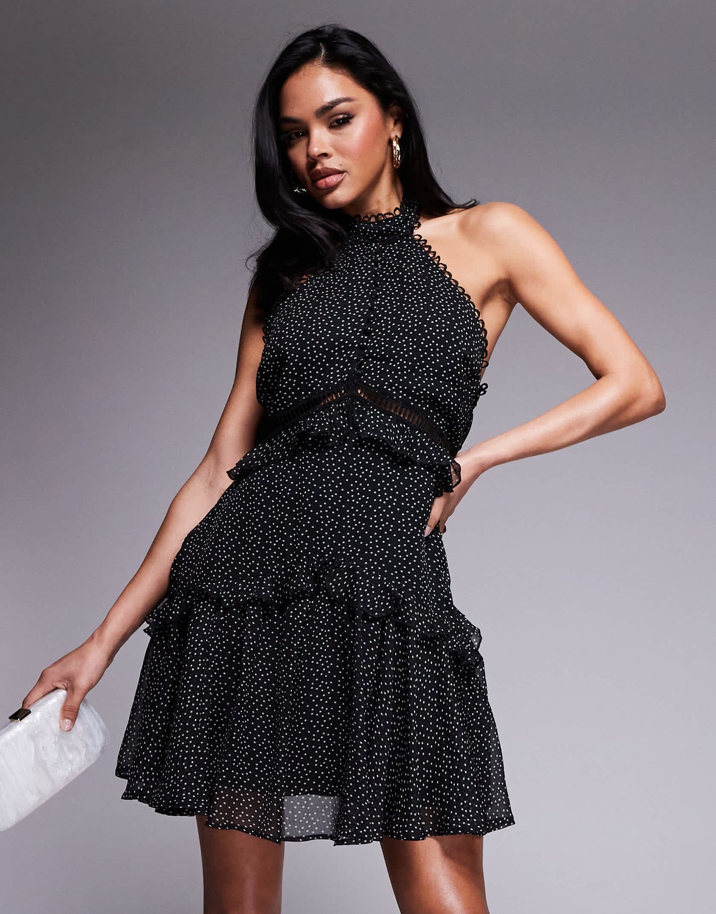 ASOS DESIGN lace insert halter tiered mini dress in micro spot