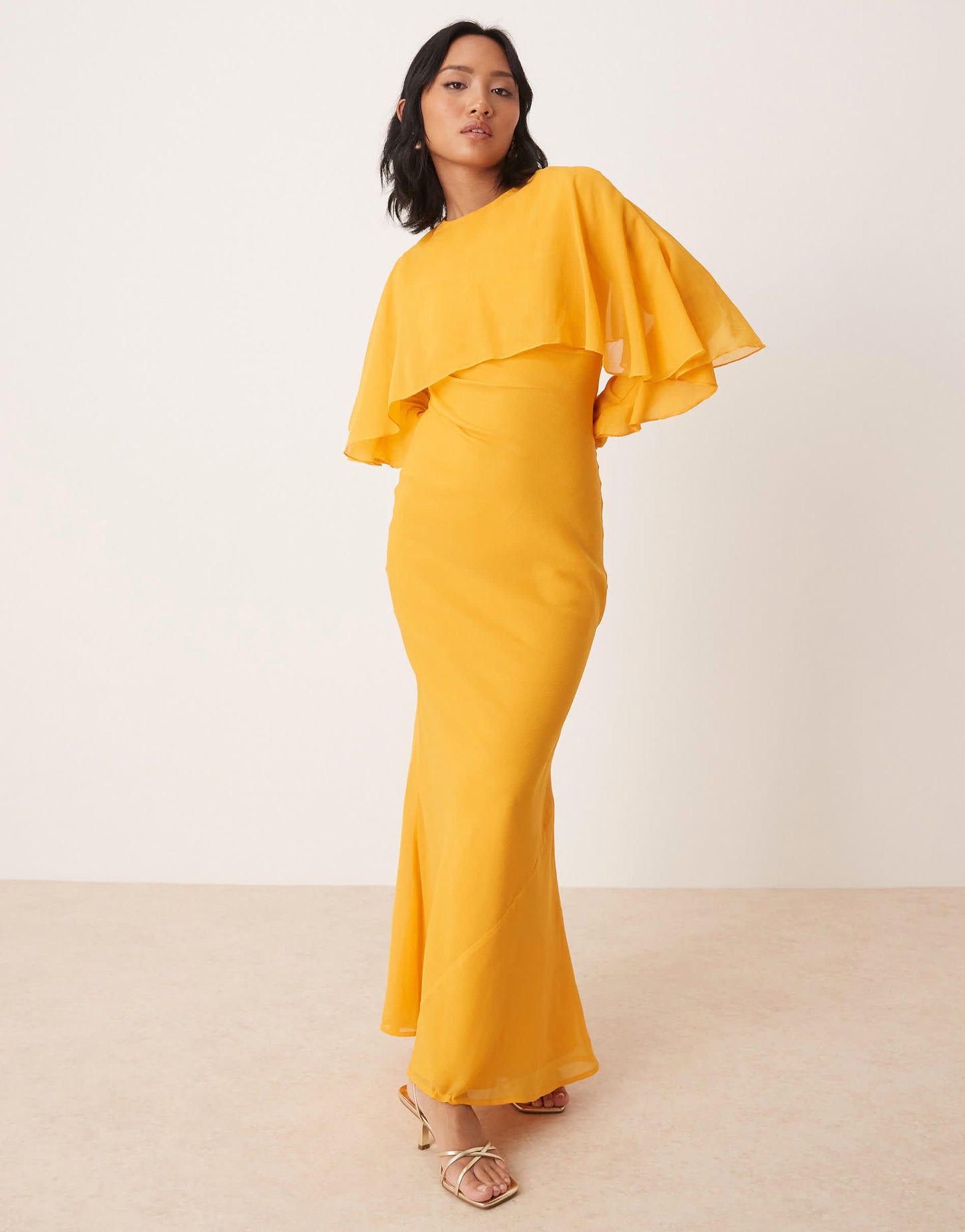 ASOS DESIGN Petite long sleeve ruffle bias maxi dress with cape detail in orange
