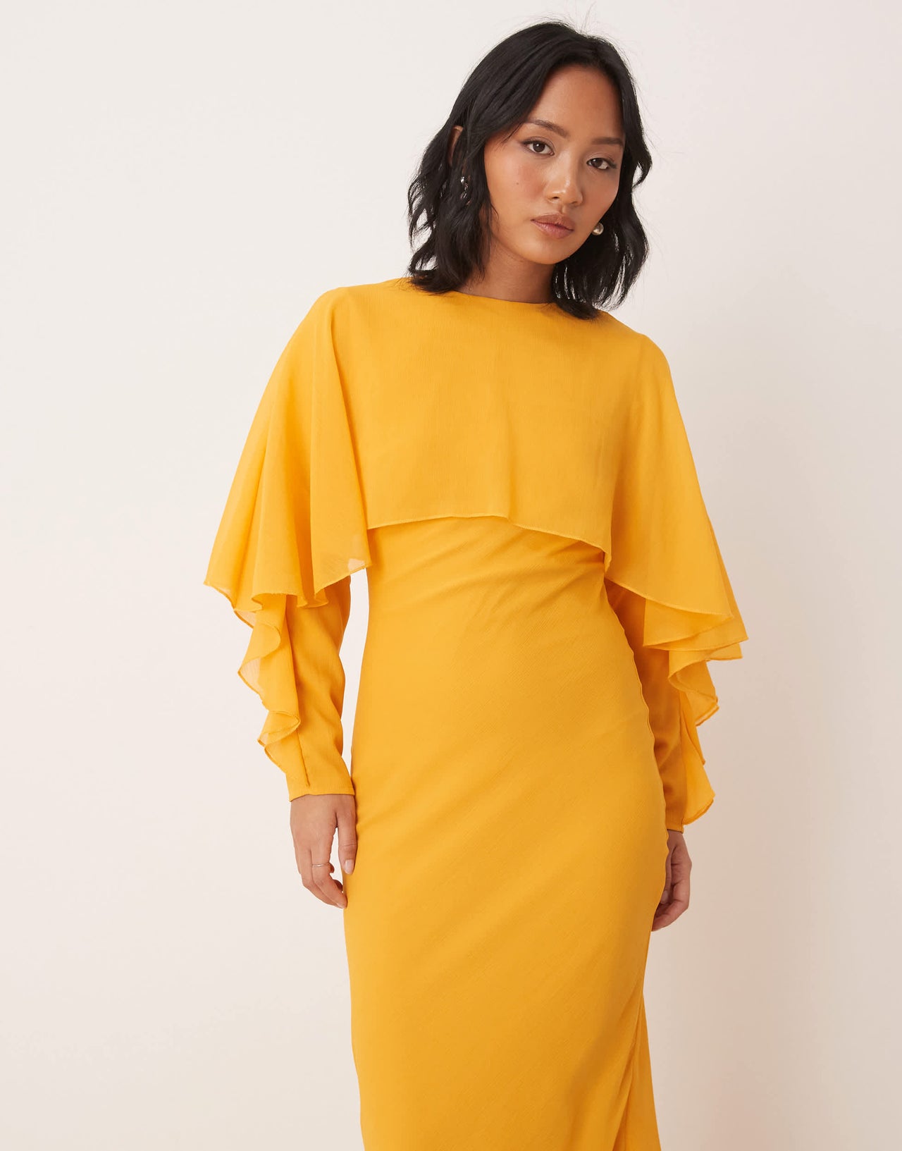 ASOS DESIGN Petite long sleeve ruffle bias maxi dress with cape detail in orange