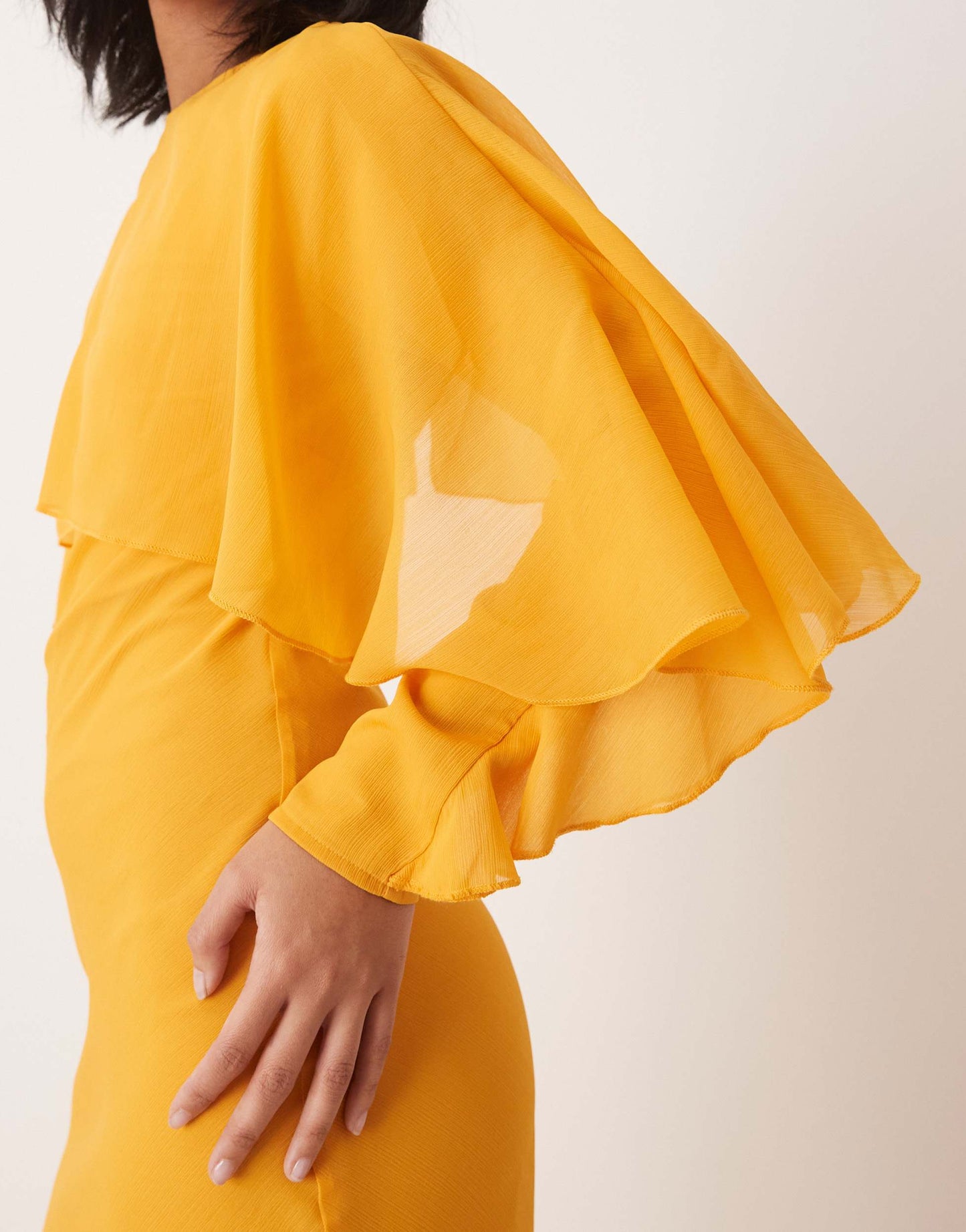 ASOS DESIGN Petite long sleeve ruffle bias maxi dress with cape detail in orange