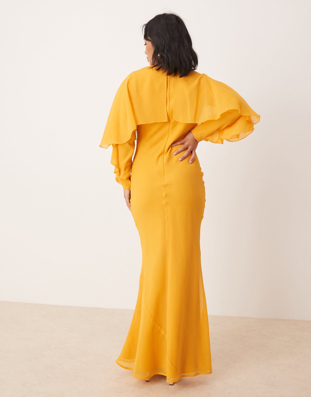 ASOS DESIGN Petite long sleeve ruffle bias maxi dress with cape detail in orange