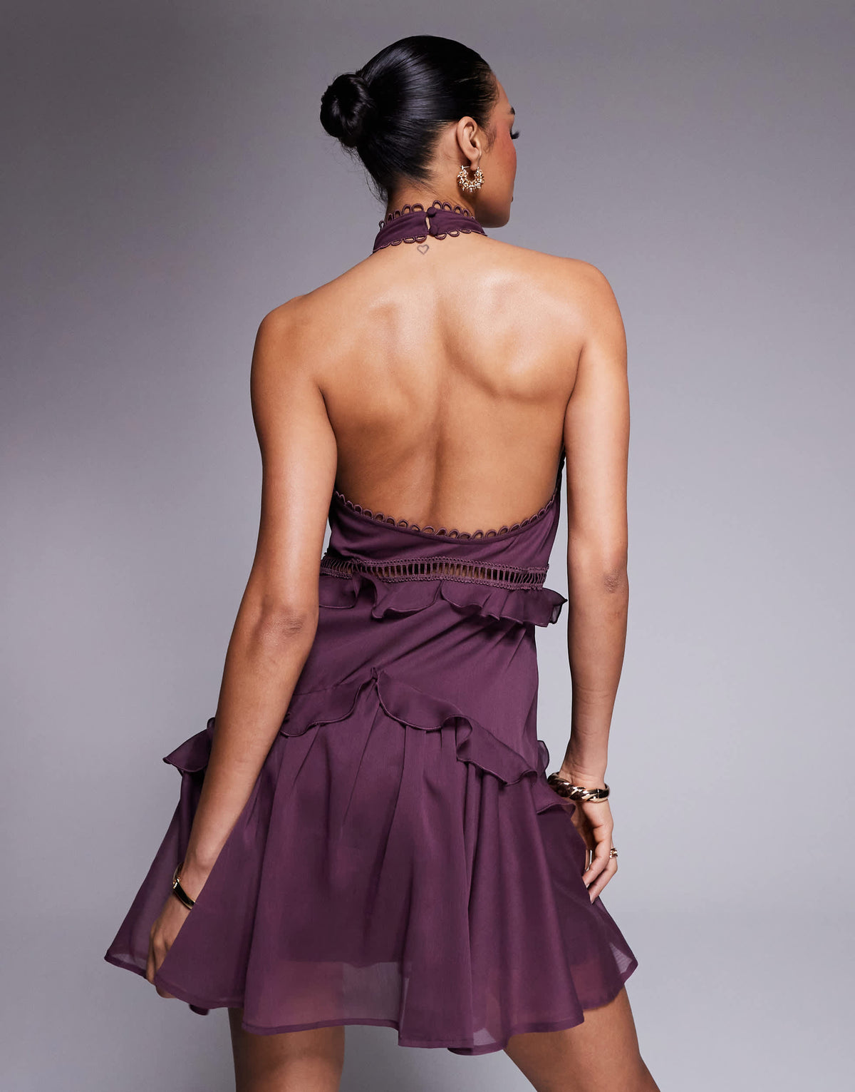 ASOS DESIGN lace insert halter tiered mini in aubergine