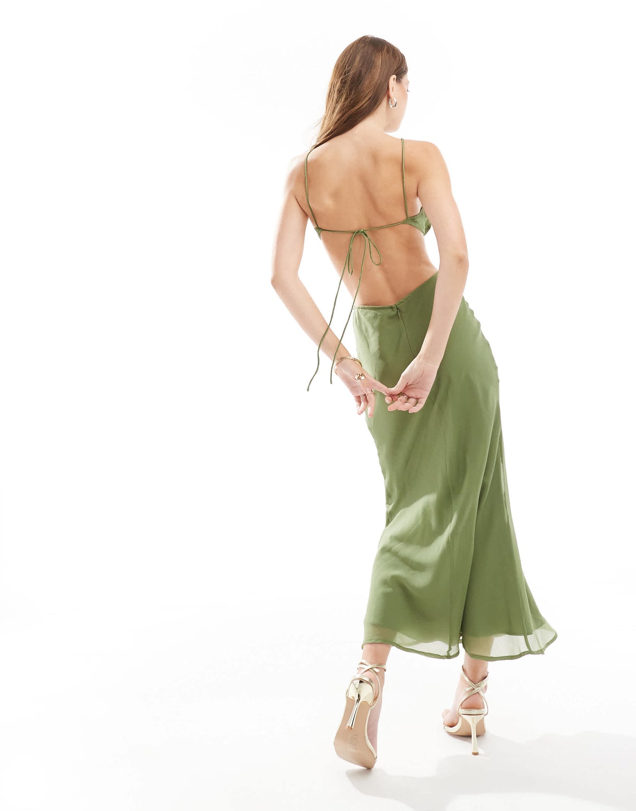 ASOS DESIGN halter cut out midaxi dress with satin bodice in khaki