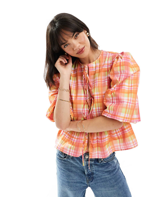 ASOS DESIGN cotton poplin peplum tie shirt in check print