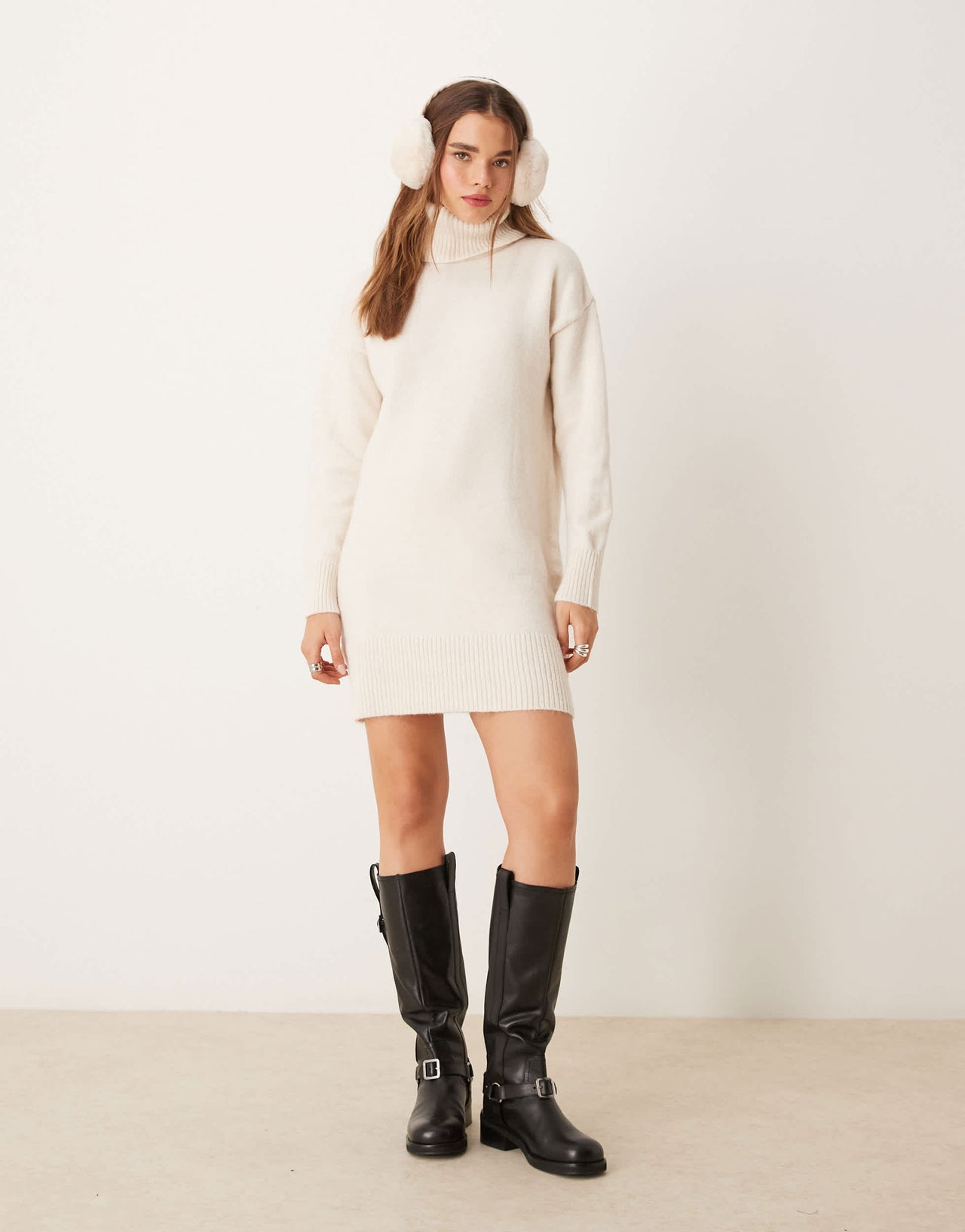 New Look roll neck knitted mini dress in cream