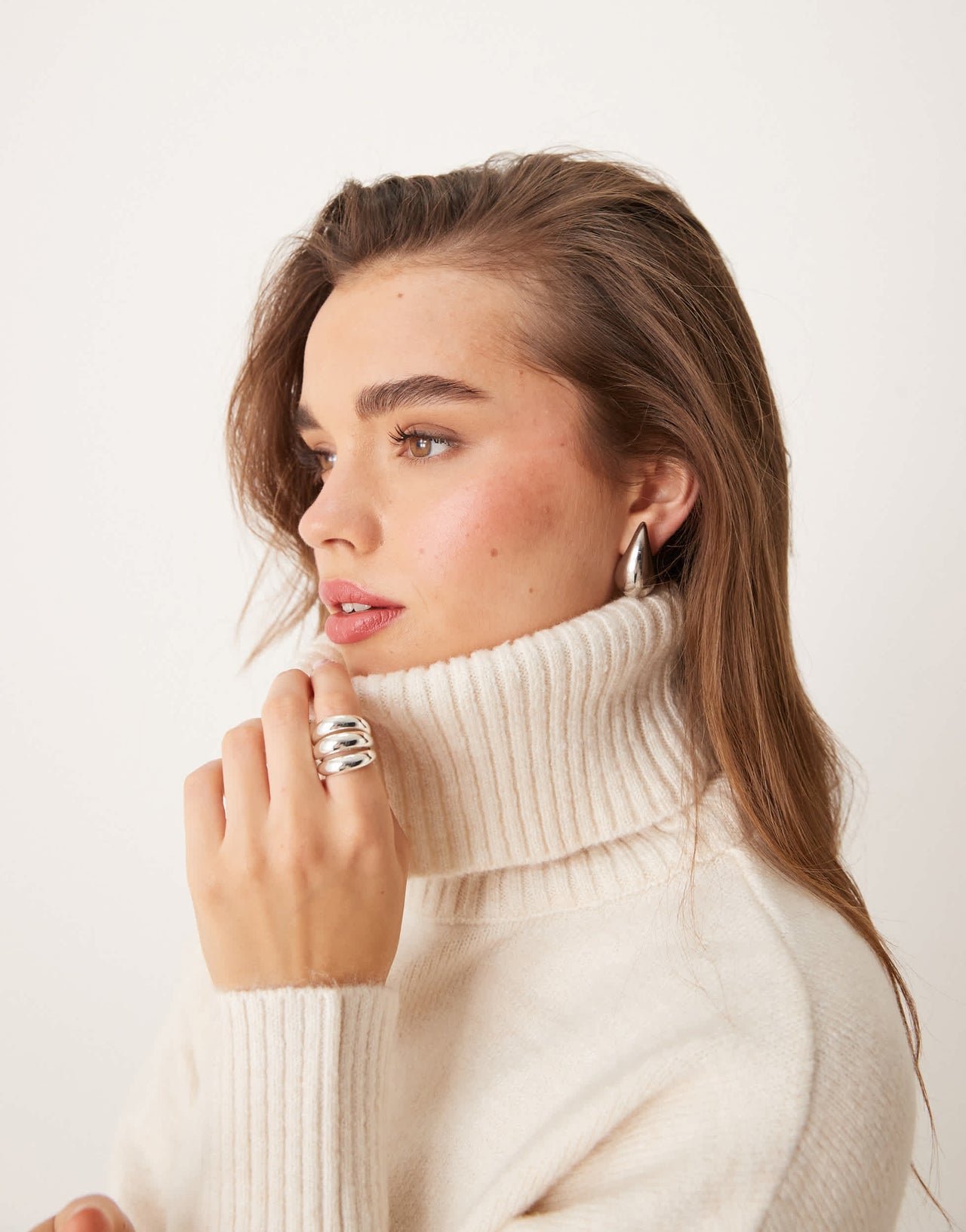 New Look roll neck knitted mini dress in cream