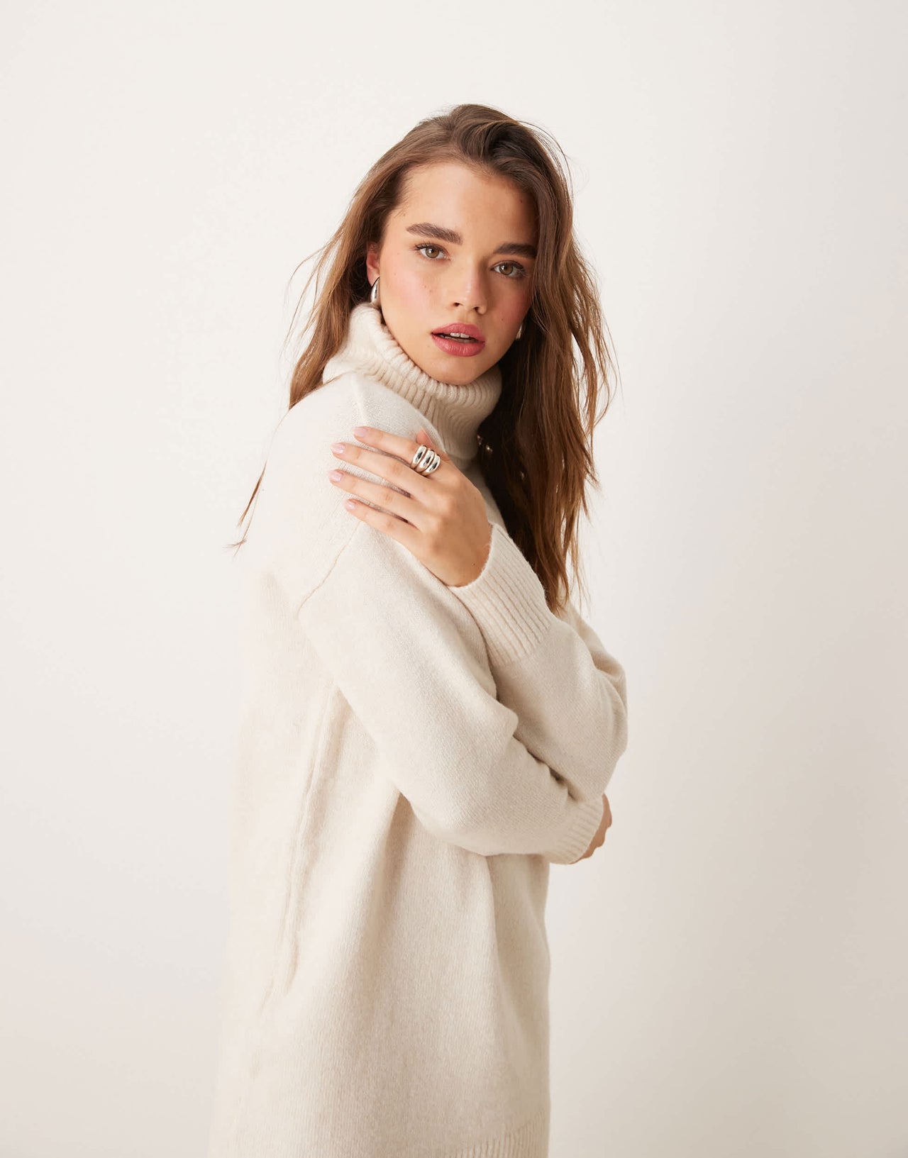 New Look roll neck knitted mini dress in cream