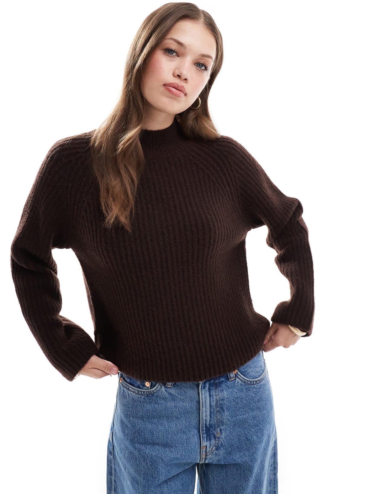 New Look ribbed raglan jumper in brown