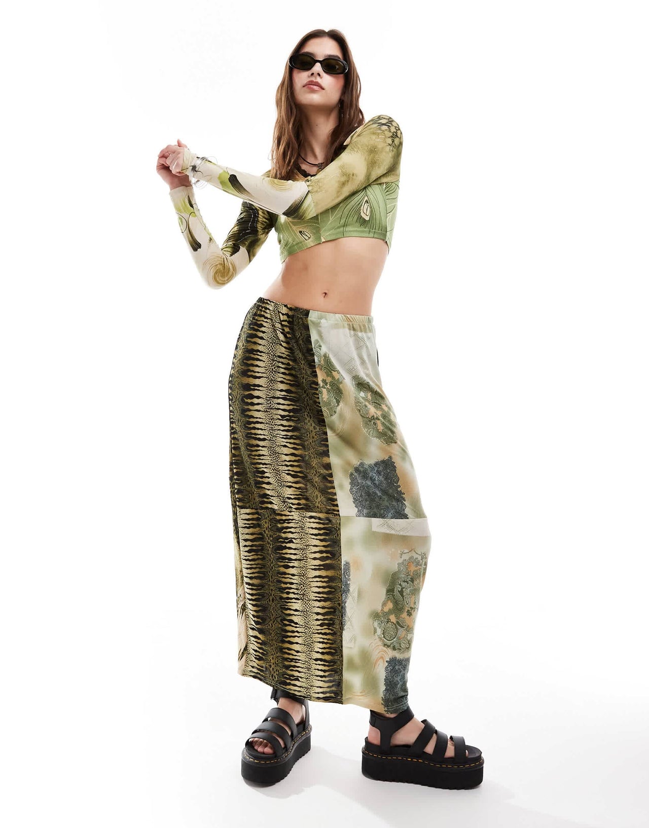 Reclaimed Vintage Revived x Glass Onion mixed print crop top with lace trim