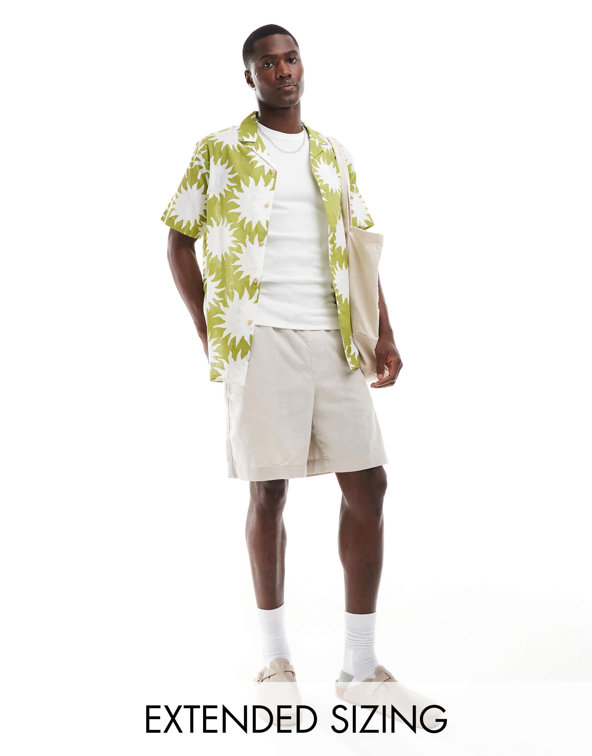 ASOS DESIGN relaxed revere linen look shirt with sun print in green
