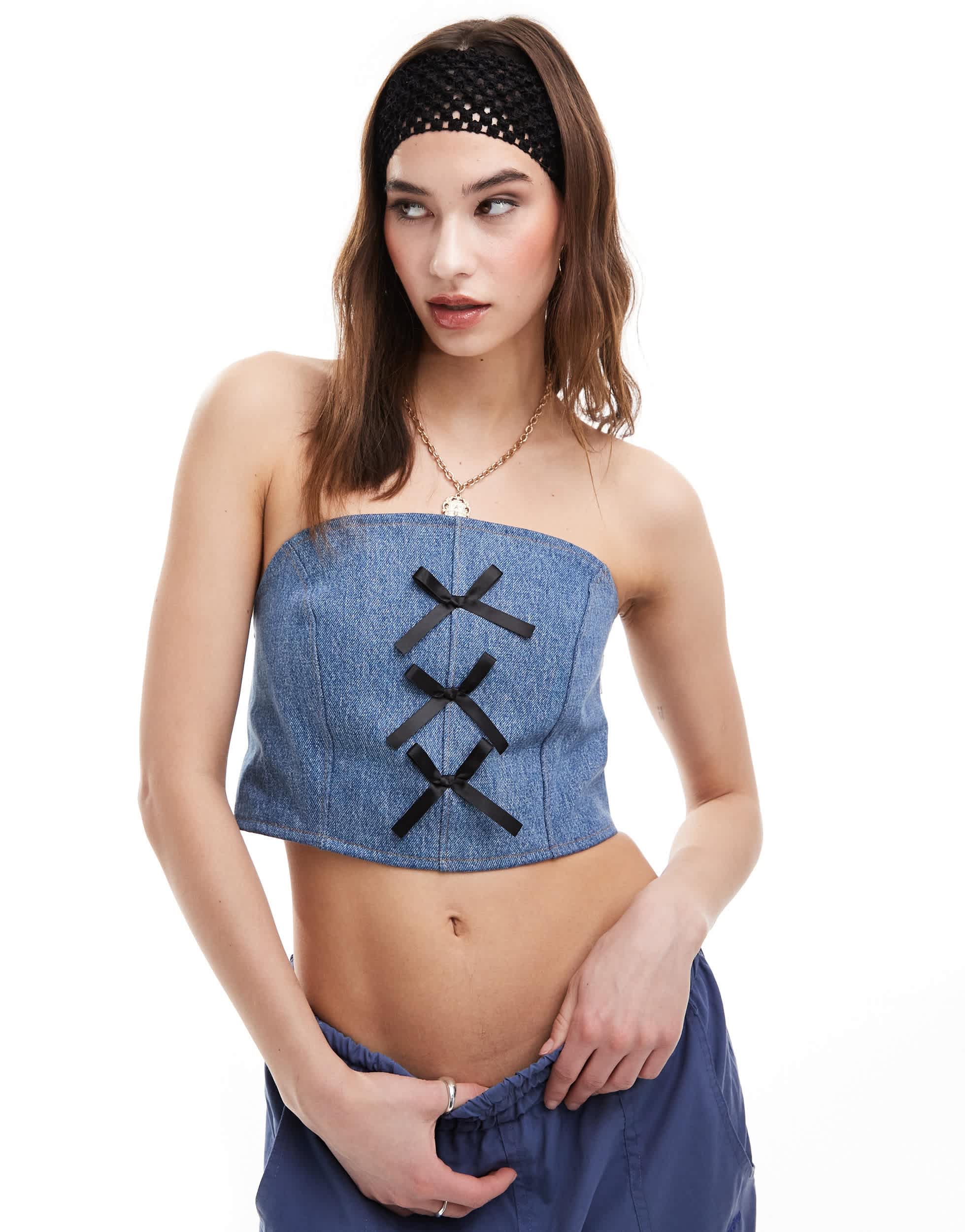 Reclaimed Vintage Revived x Glass Onion festival denim bandeau corset top with bows