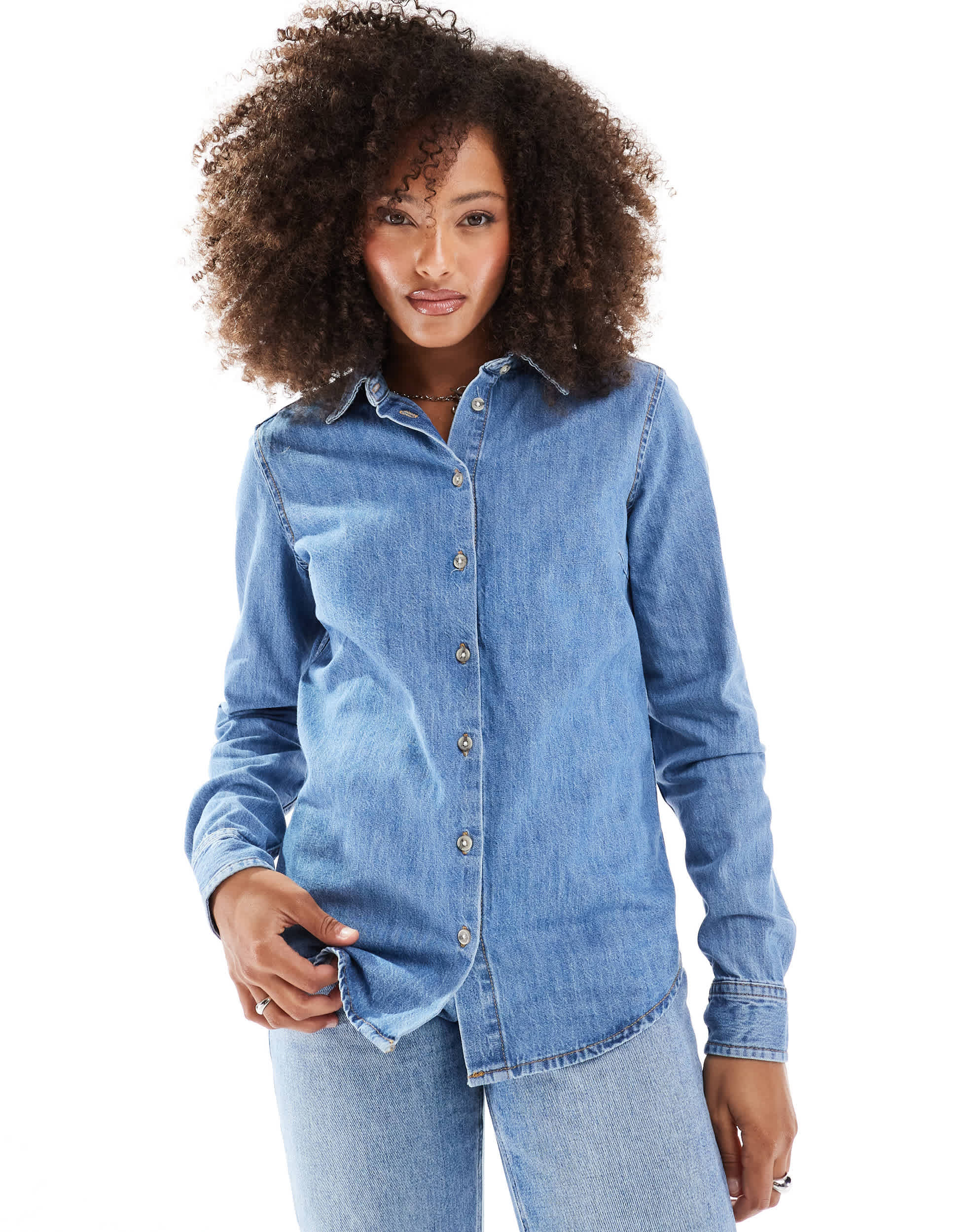 ASOS DESIGN easy denim shirt in midwash blue
