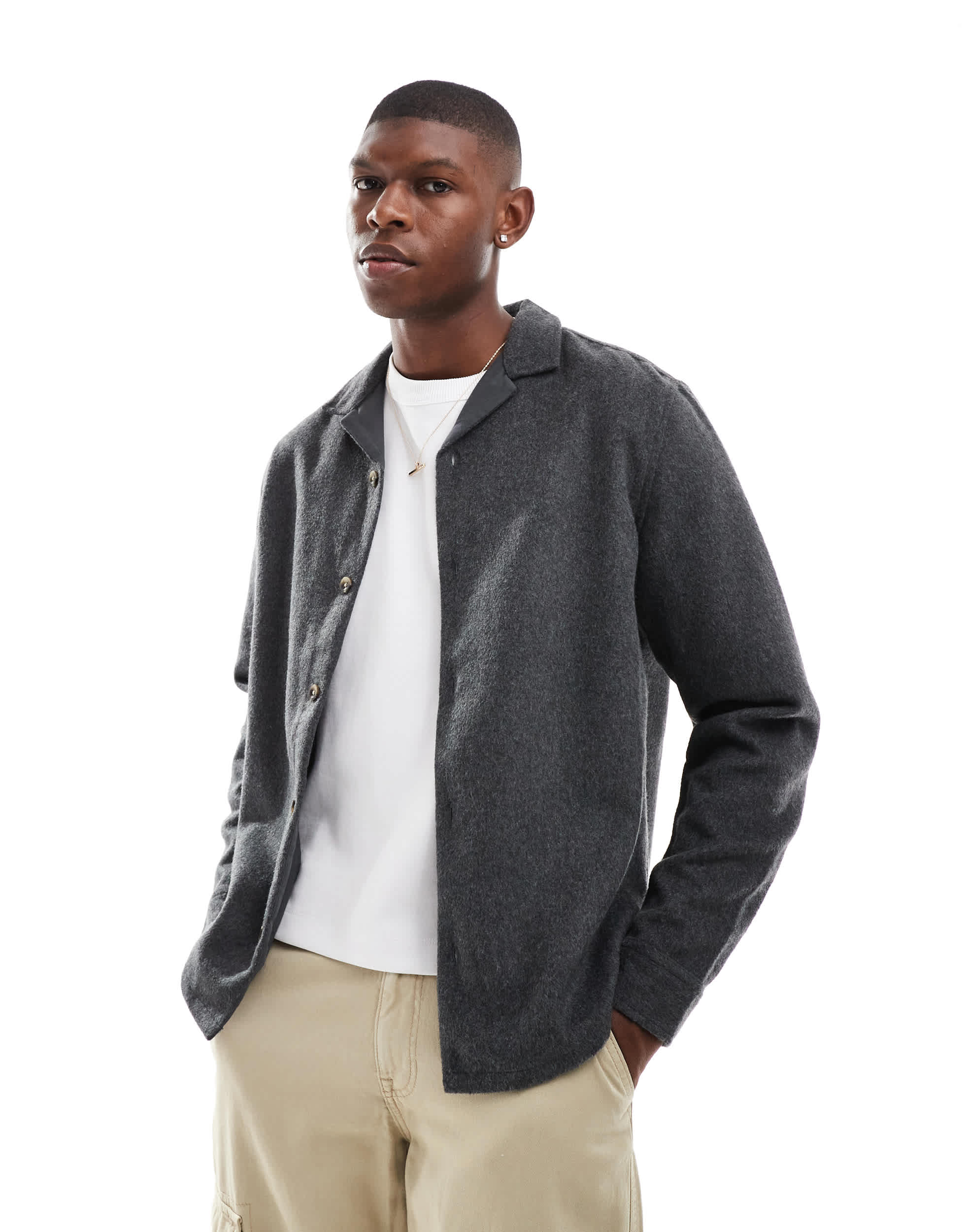 ASOS DESIGN wool look overshirt with revere collar in black
