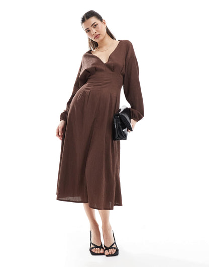 ASOS DESIGN textured balloon sleeve midi dress in chocolate