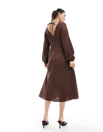 ASOS DESIGN textured balloon sleeve midi dress in chocolate