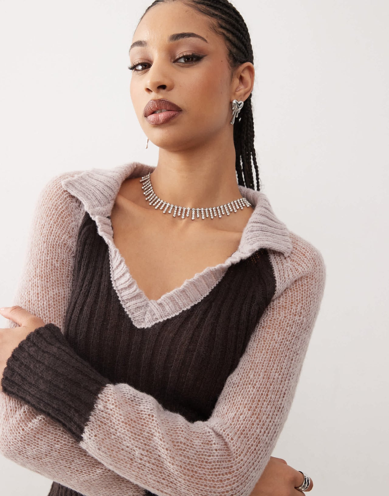COLLUSION collar knitted top in brown