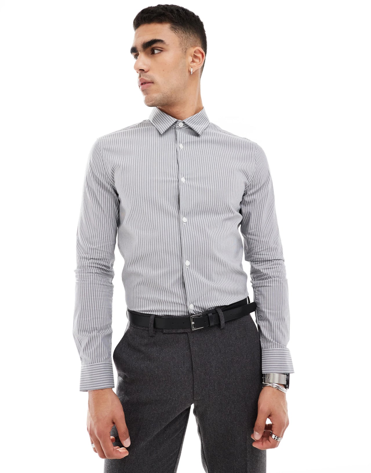 ASOS DESIGN skinny shirt with square collar in charcoal