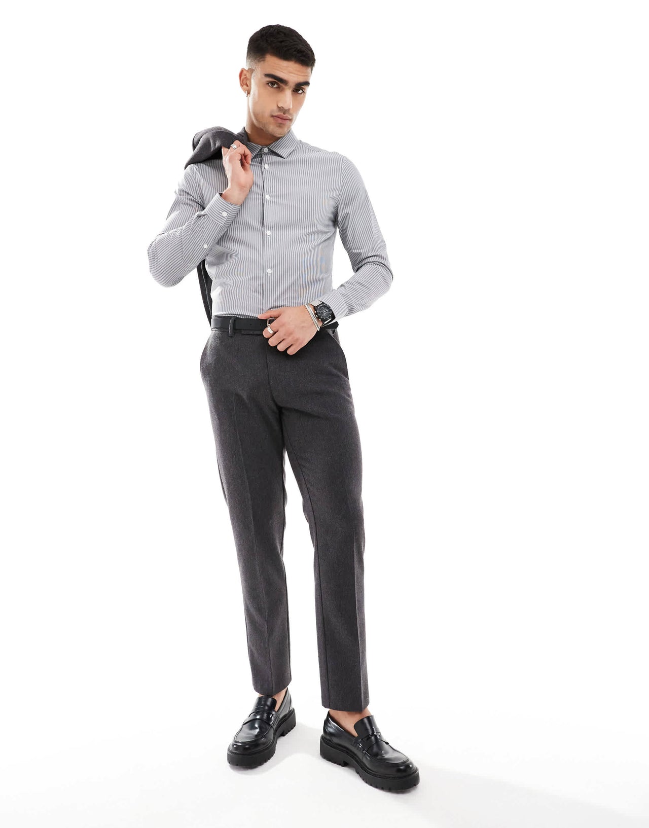 ASOS DESIGN skinny shirt with square collar in charcoal