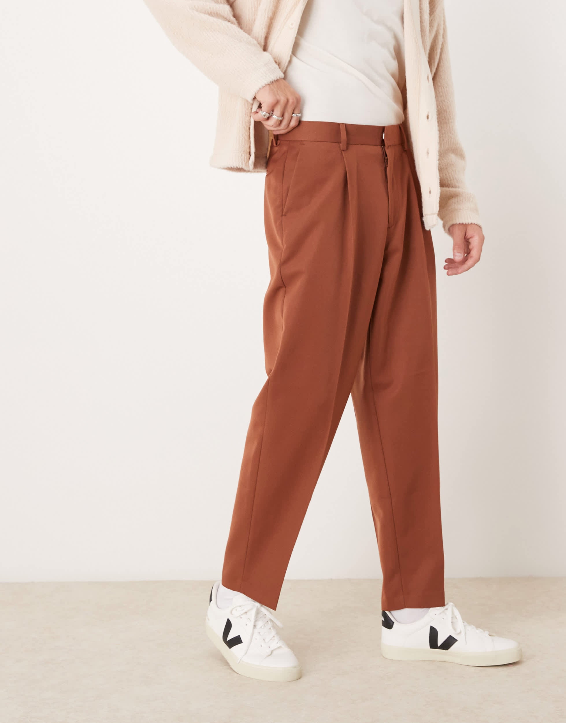 ASOS DESIGN smart oversized tapered trousers with front pleat in rust