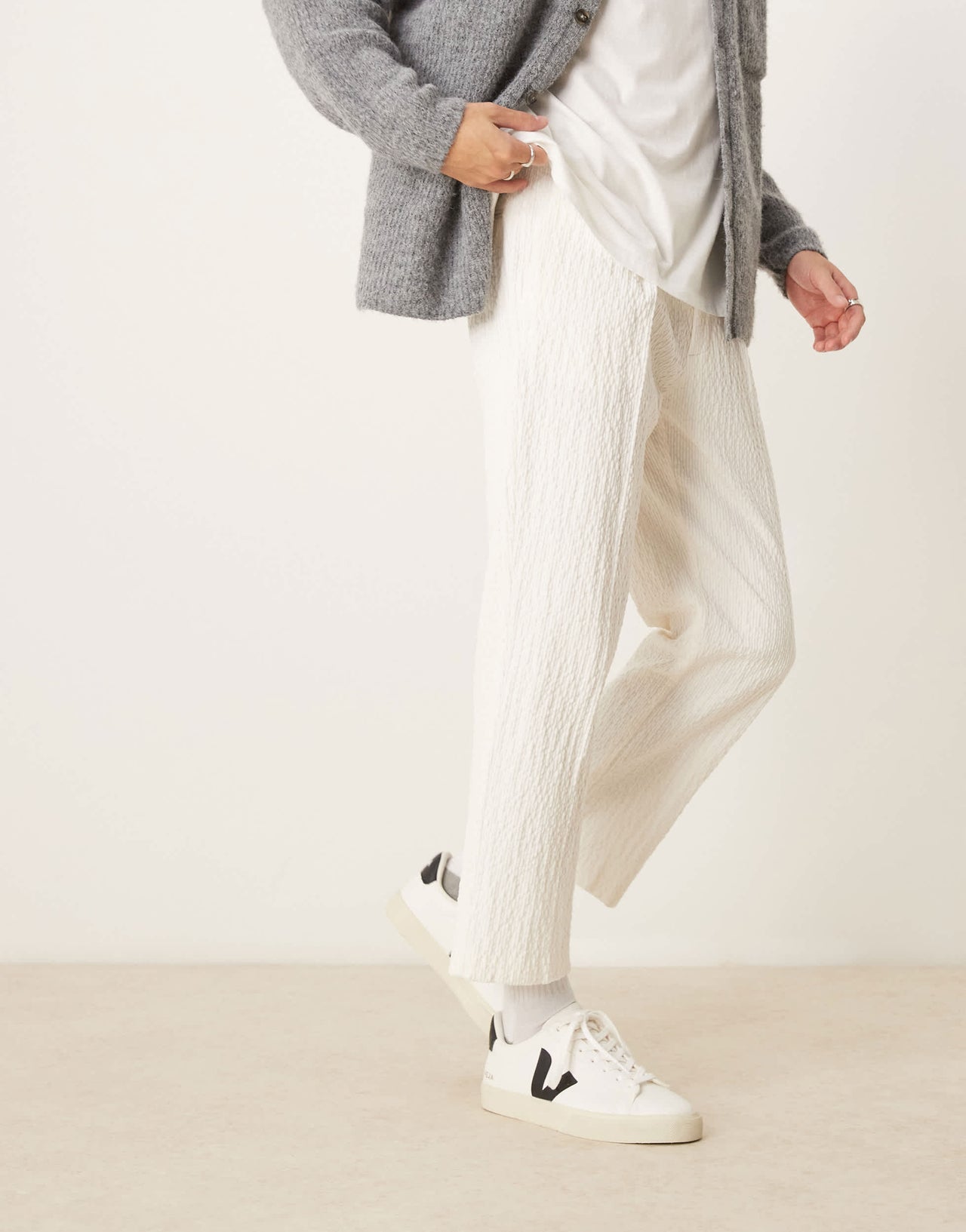 ASOS DESIGN smart straight cropped trousers in white crinkled velvet