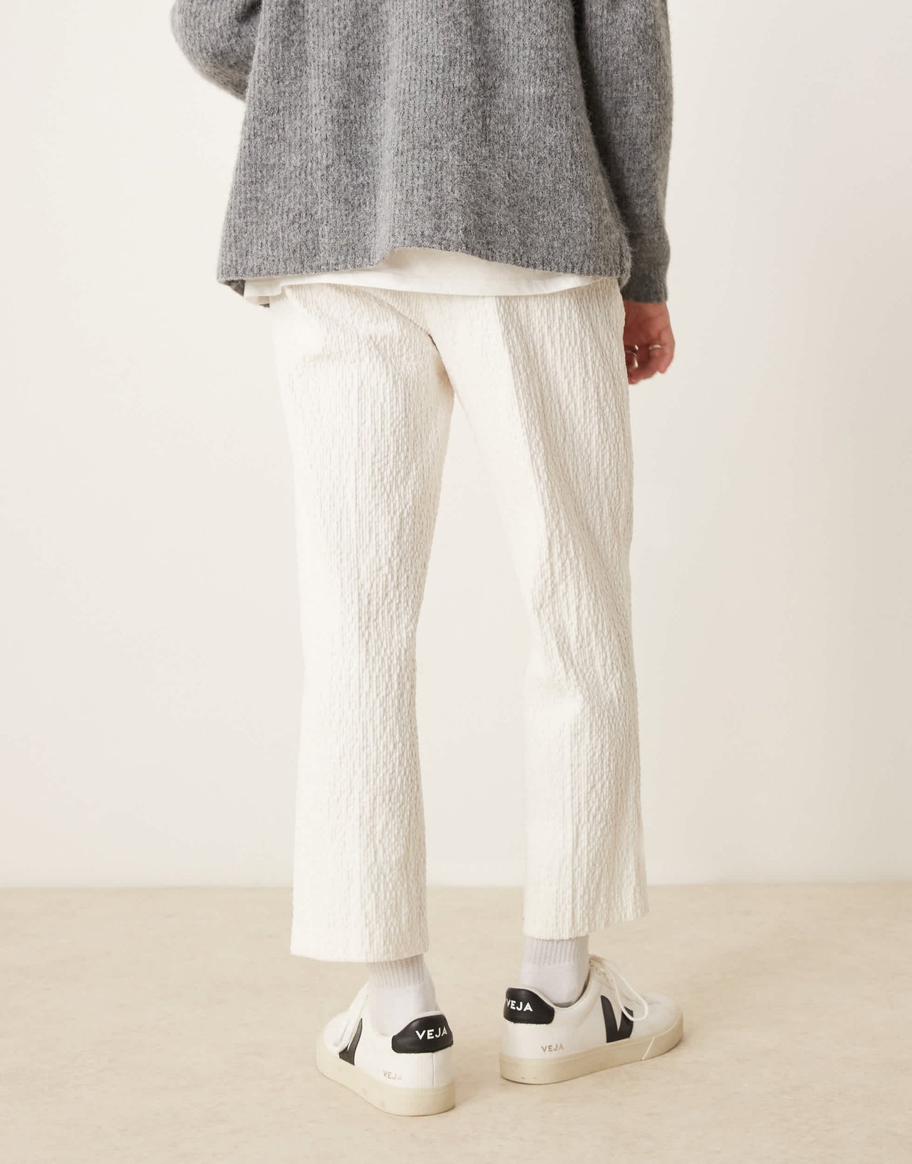 ASOS DESIGN smart straight cropped trousers in white crinkled velvet