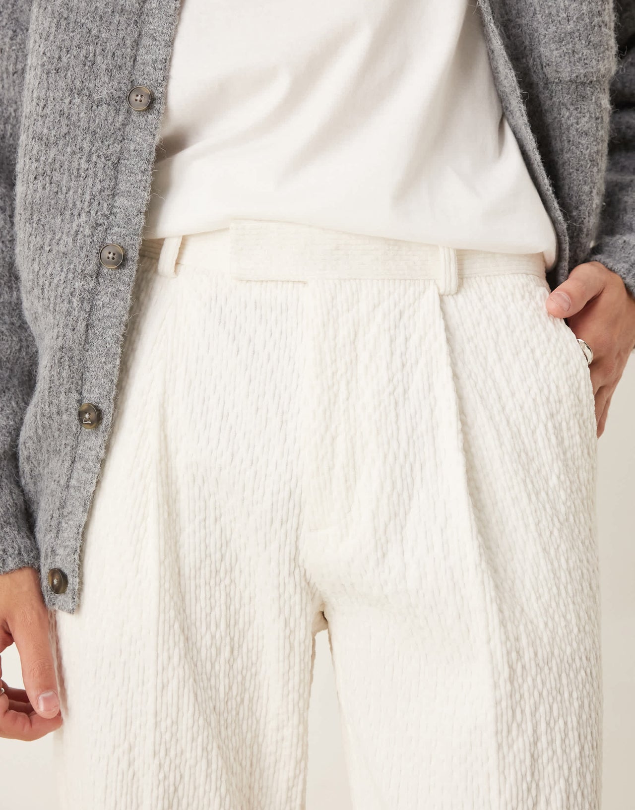 ASOS DESIGN smart straight cropped trousers in white crinkled velvet